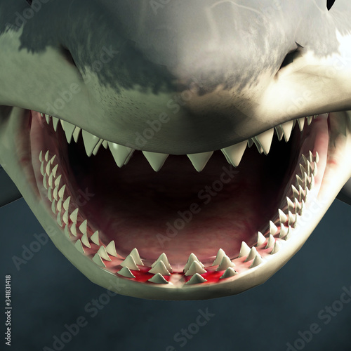 Photographie A close up of a great white shark's open mouth showing rows of sharp teeth ready to take a bite out of an unfortunate beach goer