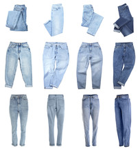 Set With Different Jeans On White Background