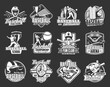 Baseball championship cup and sport fan club vector icons. Softball game school team or university league badge emblems with baseball bat and ball, professional player and batter equipment