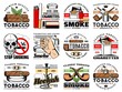 Cigars and cigarettes tobacco shop icons, hookah lounge bar vector sign. Stop smoking skull warning sign, premium quality Havana cigars and tobacco leaves for smoke pipe, lighter, ashtray and matches