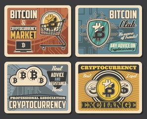 Aufkleber - Bitcoin cryptocurrency and digital money market, vector vintage posters. Bitcoin mining traders club, cryptocurrency transactions and exchange platform, e-commerce business assistance