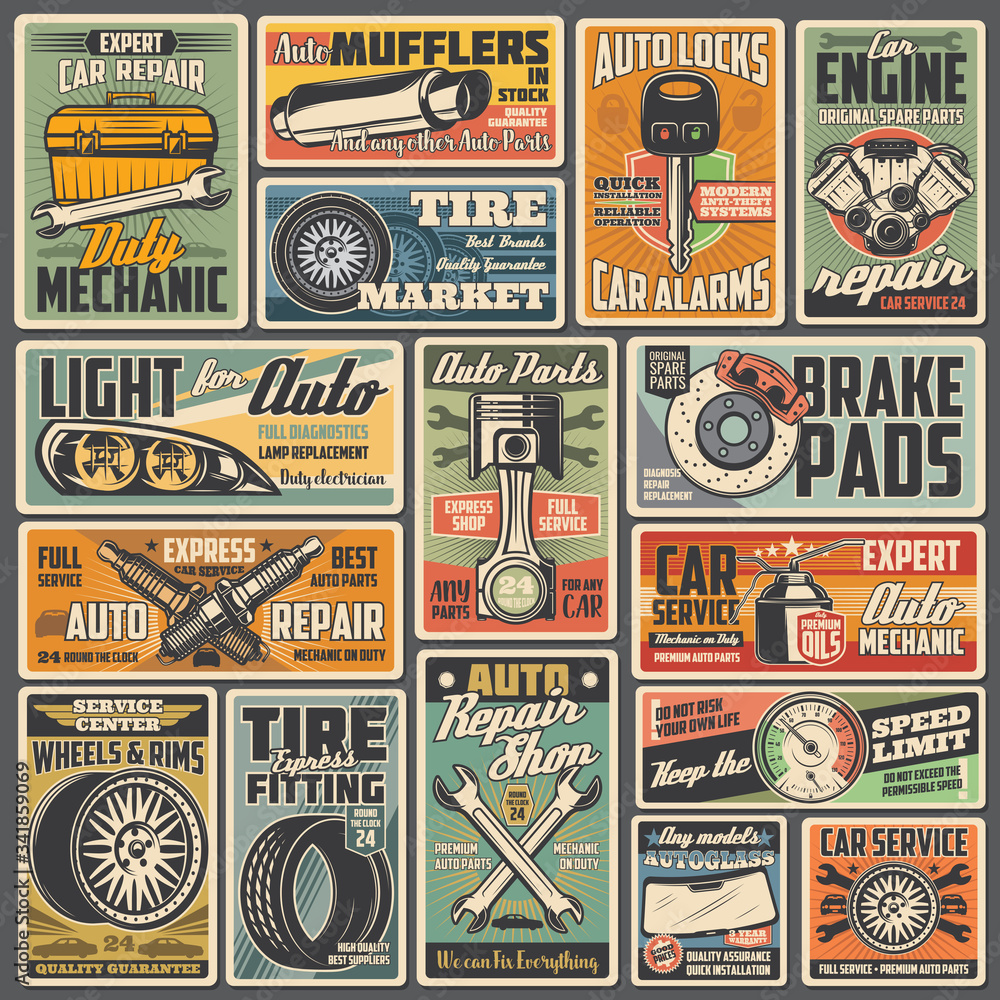Cars auto service and mechanic garage station, vector vintage retro posters. Automotive diagnostic, engine repair, tire fitting and pumping, vehicle mufflers, brake pads and spare parts shop - obrazy, fototapety, plakaty 