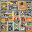 © Vector Tradition - Cars auto service and mechanic garage station, vector vintage retro posters. Automotive diagnostic, engine repair, tire fitting and pumping, vehicle mufflers, brake pads and spare parts shop