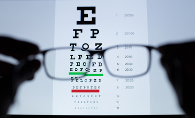 Canvas Print - Glasses for sight and vision correction and protection from computer in front of Snellen chart