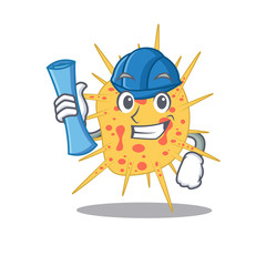 Sticker - Cartoon character of mycobacterium kansasii brainy Architect with blue prints and blue helmet