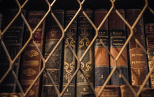 Low Angle View Of Old Books Arranged In Shelf Seen Through Metal Fence In Library