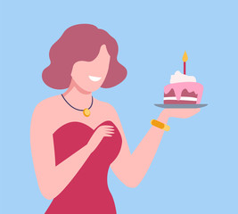 Wall Mural - Young Woman Holding Cupcake with Candle, Girl Celebrating Birthday, Social Distancing or Self Isolation Vector Illustration