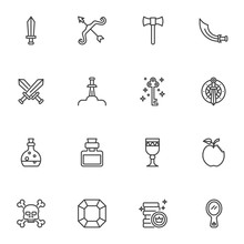 Fairytale Line Icons Set, Fantasy Outline Vector Symbol Collection, Linear Style Pictogram Pack. Signs, Logo Illustration. Set Includes Icons As Battle Sword Axe, Magic Key, Poison Bottle, Mirror