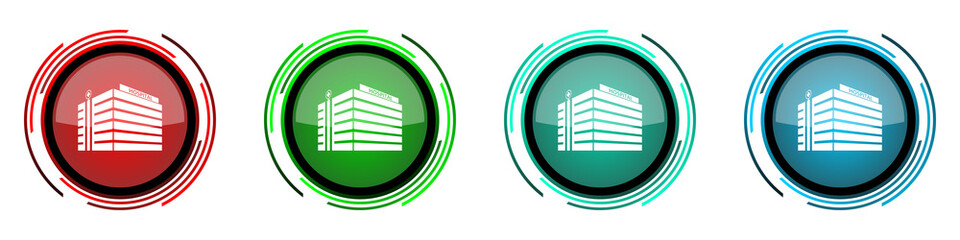 Leinwandbilder - Hospital building round glossy vector icons, set of buttons for webdesign, internet and mobile phone applications in four colors options isolated on white background