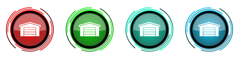 Leinwandbilder - Garage building round glossy vector icons, set of buttons for webdesign, internet and mobile phone applications in four colors options isolated on white background