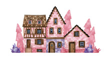 Watercolor Hand-drawn Street With Old Rural Houses. Cute Village Street And Fir Trees In Pink Colour. Old European Houses With Wooden Doors, Tile Roofs For Postcards, Invitation, Packaging For Sweets