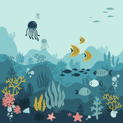 background underwater world, sea ocean, fish animals, algae and coral reefs, vector illustration hand drawing