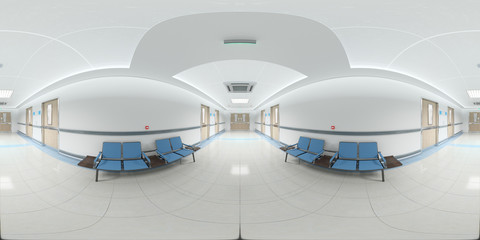 High resolution HDRI panoramic view of a hospital corridor. 360 panorama reflection mapping hallway medical interior. 3D rendering