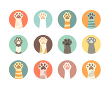 Cat Paws Collection. Domestic Animals Hands Footprints Of Kitty Pets Symbols. Vector Flat Body Parts Of Cats