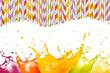 multicolor juice splashes and drinking straws on white background