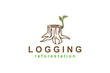 Forest logging tree stump logo with young shoots growing