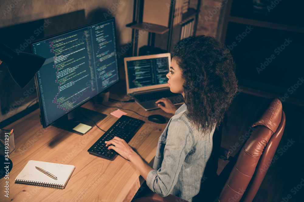 Top above high angle view photo of concentrated afro american girl sit evening table desk work server framework website maintenance operating system html document use pc in workstation - obrazy, fototapety, plakaty 