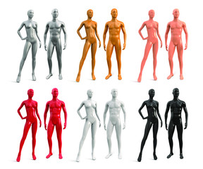 Wall Mural - Male and female plastic mannequin. White, black, red, gold, silver, beige color. Set of vector 3d realistic human mannequins isolated on white background.