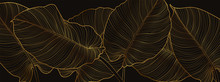 Luxury Gold Nature Background Vector. Floral Pattern, Golden Split-leaf Philodendron Plant With Monstera Plant Line Arts, Vector Illustration.