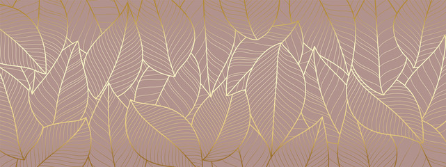 Luxury wallpaper design with Gold leaf and natural background. Leaves line arts design for fabric, prints and background texture, Vector illustration.