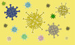 verschieden große und farbige Coronaviren auf gelben Hintergrund