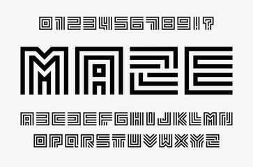 Wall Mural - Linear labyrinth letters and numbers set. Line maze style alphabet. Contout geometric font, type for lineart logo and monogram concept. Outline vector typography design