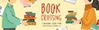 Bookcrossing banner vector template. A man and a woman opposite each other hold a book hand drawn in a modern flatstyle. The concept of the poster, re-use items. Cute cartoon vector illustration