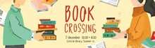 Bookcrossing Banner Vector Template. A Man And A Woman Opposite Each Other Hold A Book Hand Drawn In A Modern Flatstyle. The Concept Of The Poster, Re-use Items. Cute Cartoon Vector Illustration