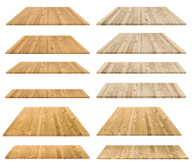 Mixed group of empty brown plate wooden board as display shelf or desk with clipping path on isolated white background. Beautiful pattern and textured of pine wood planks.