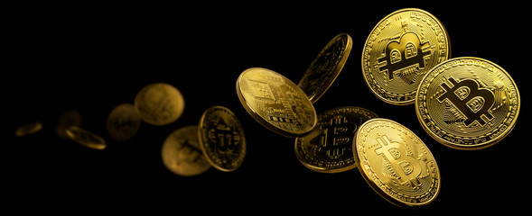 Gold coin Bitcoin levitates on a black background