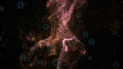 Wall Mural - abstract 3d visualization of a geometric low-poly shapes floating over black background with golden 