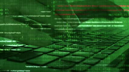 Hacker hands typing on laptop keyboard at work with graphic user  interface around