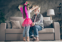 Profile Photo Of Funny Aged Old Grandpa Little Granddaughter Fairy Stage Costume Wearing Golden Crown Aged Man Head Stay Home Quarantine Safety Modern Interior Living Room Indoors