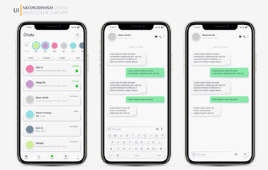 Wall Mural - Realistic Mockup app messenger on the screen smartphone in white color concept. Social / UI / UX Neomorphism design. Vector illustration EPS 10.