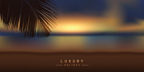 Wall Mural - luxury holiday design with tropical sunset background and palm leaf vector illustration EPS10