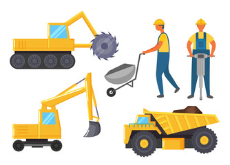 Vehicles that used in mining industry. Miners stand near lorry and bulldozer. Yellow industrial machine for transport raw and digging quarry. People bore earth to get coal. Vector illustration in flat