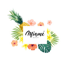 Wall Mural - Green summer tropical background with exotic monstera palm leaves, pineapples, plumeria and hibiscus flowers. Vector floral background. Party flyer, invitation or banner template.