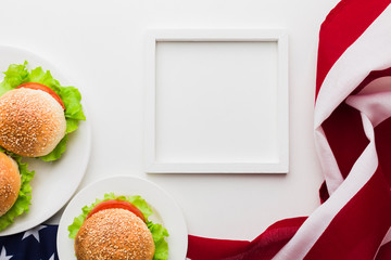 Wall Mural - Top view of frame with burgers and american flag