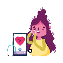 Isolated woman with dry cough and smartphone vector design