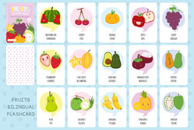 Cute Tropical Fruits Flashcards, Bilingual English Indonesian Language Flashcards Vector Template. Printable Flashcard Design For Kids.