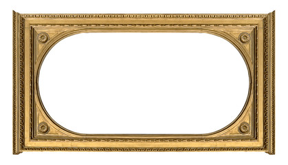 Panoramic golden frame for paintings, mirrors or photo isolated on white background