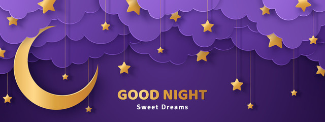 good night and sweet dreams banner. fluffy clouds on dark sky background with gold moon and hanging 