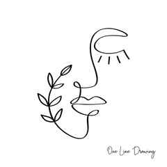 Wall Mural - fashion one line drawing logo, women face with plant