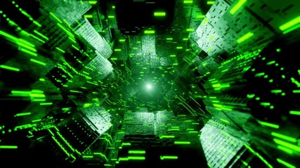Sci-fi city futuristic stream Data Communication flying into digital technologic tunnel animation 3D rendering
