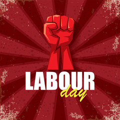 1 may Happy labour day vector label with strong protest fist in the air on bintage red background with rays. vector happy labor day background or banner with man hand. workers may day poster