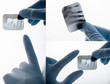 © LIGHTFIELD STUDIOS - collage of dentist in latex gloves holding and pointing with finger at x-ray of teeth on white