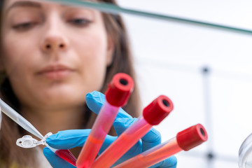 Sticker - Young female laboratory assistant in a science lab with petri dishes microflora analysis