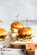 © nata_zhekova - Homemade mini burgers with bamboo brochettes. Sandwiches with meat patties, cheese, pickles and radish microgreens served with fingerfood sticks. Cooking home
