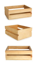 Set Of Wooden Crates On White Background