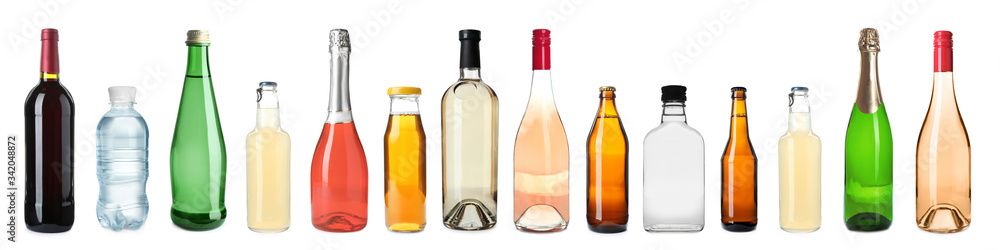 Set of bottles with different drinks on white background. Banner design - obrazy, fototapety, plakaty 